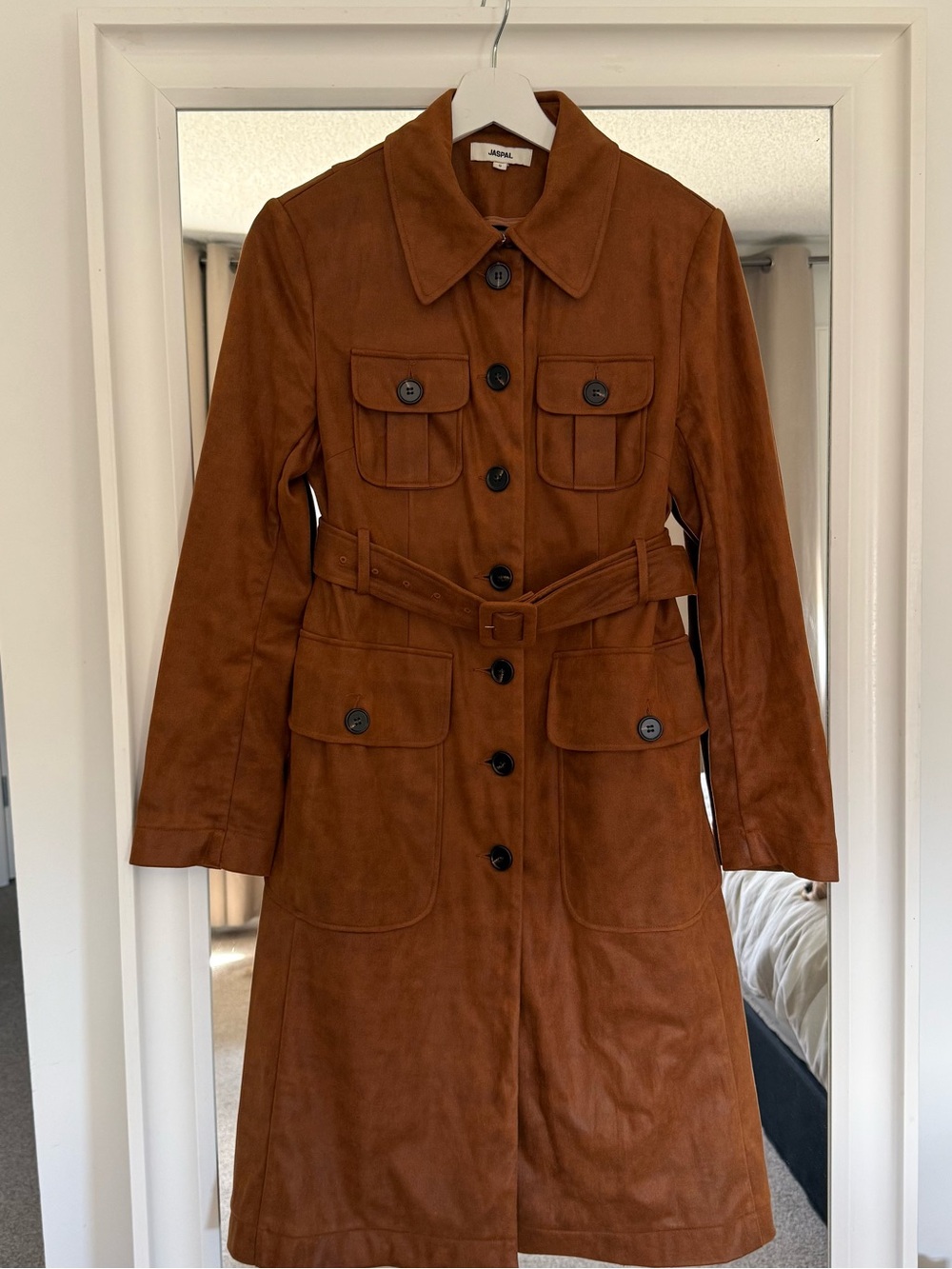 Suede Belted Trench Coat in Chestnut Brown
